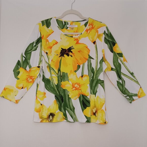 Women's Allison Daley Floral Yellow Flower Spring/Summer Blouse Size Petite M - Picture 1 of 6